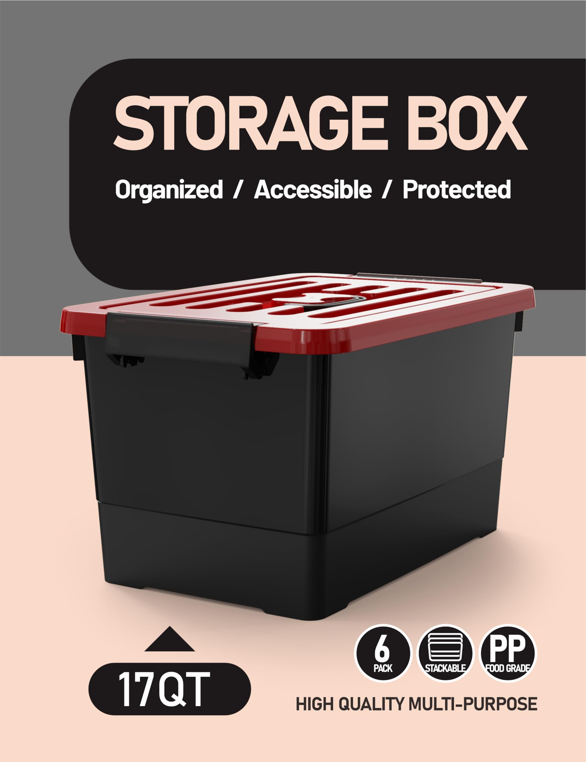 WYT 17 Quart Stackable Plastic Storage Bins with Red Lids, 4 Pack Black Containers with Latching Buckles and Handle, Durable Nestable Boxes Organizing for Closet, Garage, Tool Room