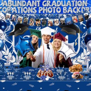 Graduation Decorations Class Of 2024, 231PCS Party Decorations, Graduation Decorations with Backdrop balloons Paper Plate Cup Napkin Cutlery Tablecloth Balloon Garland (Blue and Silver)