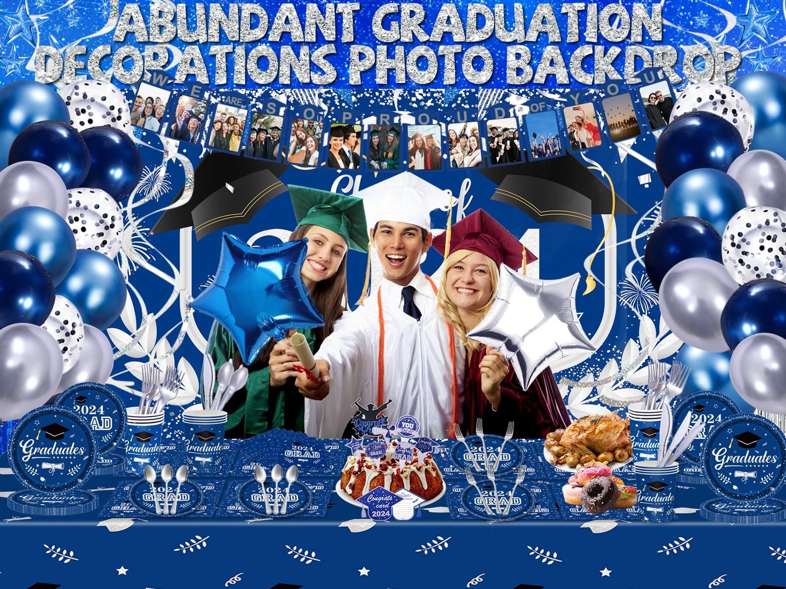 Graduation Decorations Class Of 2024, 231PCS Party Decorations, Graduation Decorations with Backdrop balloons Paper Plate Cup Napkin Cutlery Tablecloth Balloon Garland (Blue and Silver)