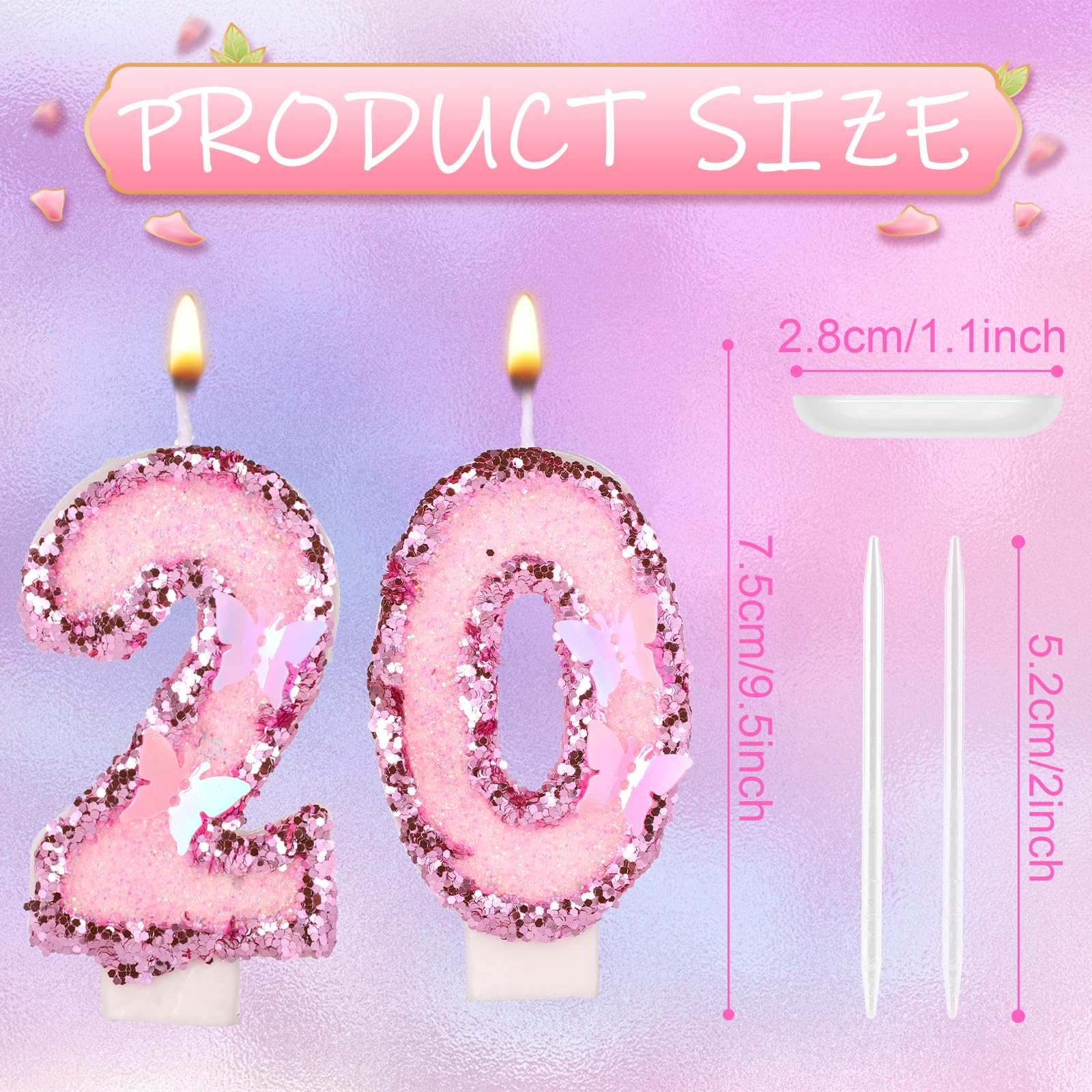 Girls Birthday Number 20 Candles, 2.95in Glitter Butterfly Happy Birthday Cake Toppers Pink Sequins Wedding Numeral Cupcake Decorations for Anniversary Celebration Party Supplies (20th)