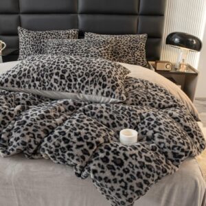 AETVRNI Luxury Leopard Print Faux Fur Duvet Cover Set 4 Pieces Shaggy Fluffy Duvet Cover Set Ultra Soft Crystal Velvet Duvet Cover Wild Style,Black,Queen