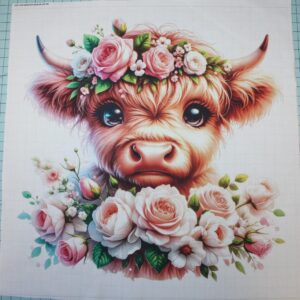 Fabric Panel 14"x14" Floral Baby Highland Cow 100% Cotton Quilting Panel Square L491