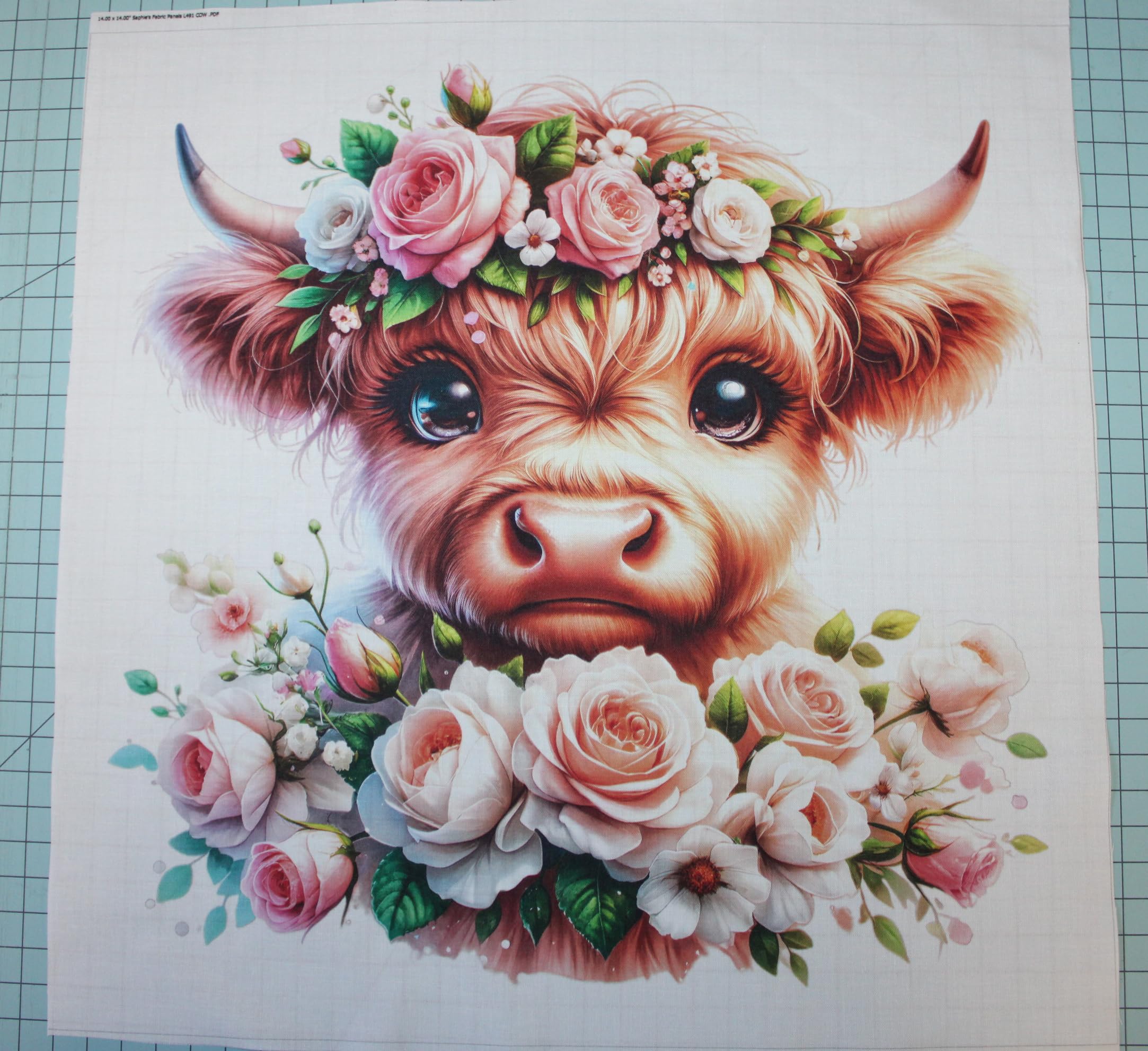 Fabric Panel 14"x14" Floral Baby Highland Cow 100% Cotton Quilting Panel Square L491