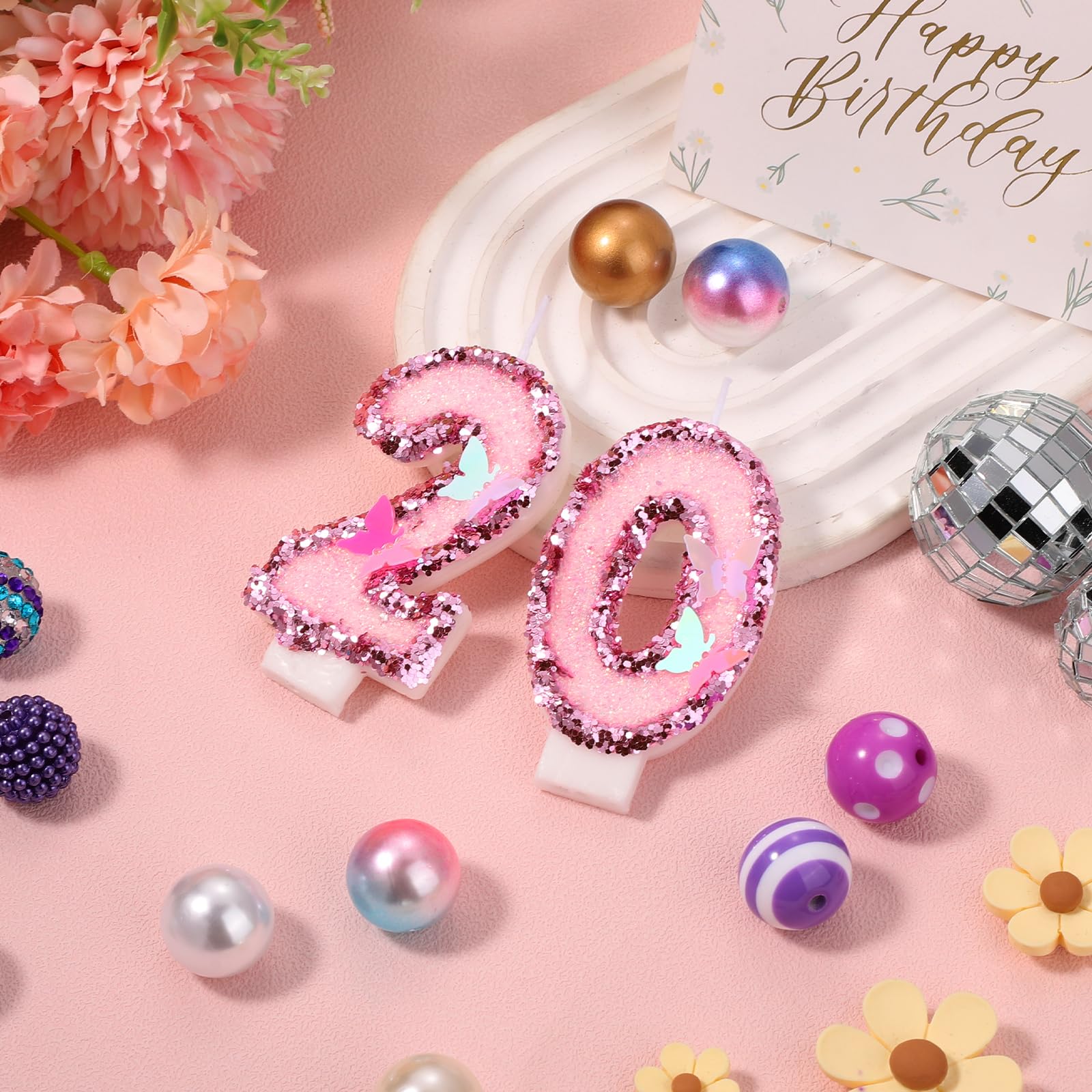 Girls Birthday Number 20 Candles, 2.95in Glitter Butterfly Happy Birthday Cake Toppers Pink Sequins Wedding Numeral Cupcake Decorations for Anniversary Celebration Party Supplies (20th)