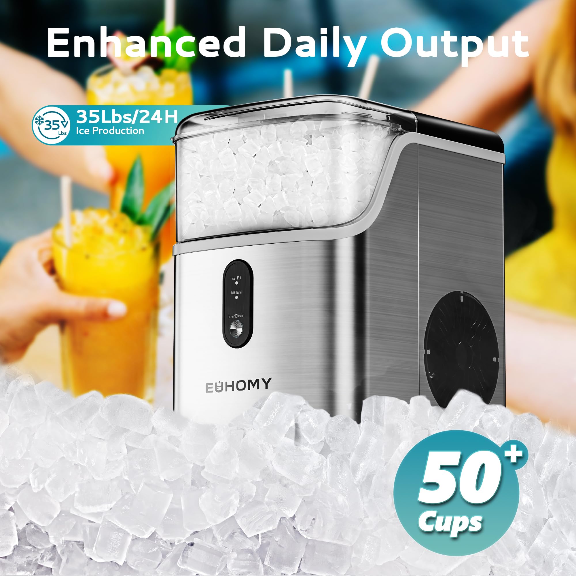 EUHOMY Nugget Ice Makers Countertop, Pebble Ice Maker Machine with 35lbs/24H Soft Ice, Self-Cleaning Sonic Ice Maker with Ice Scoop&Basket, Pellet Ice Maker for Home/Kitchen/Office(Stainless Steels)