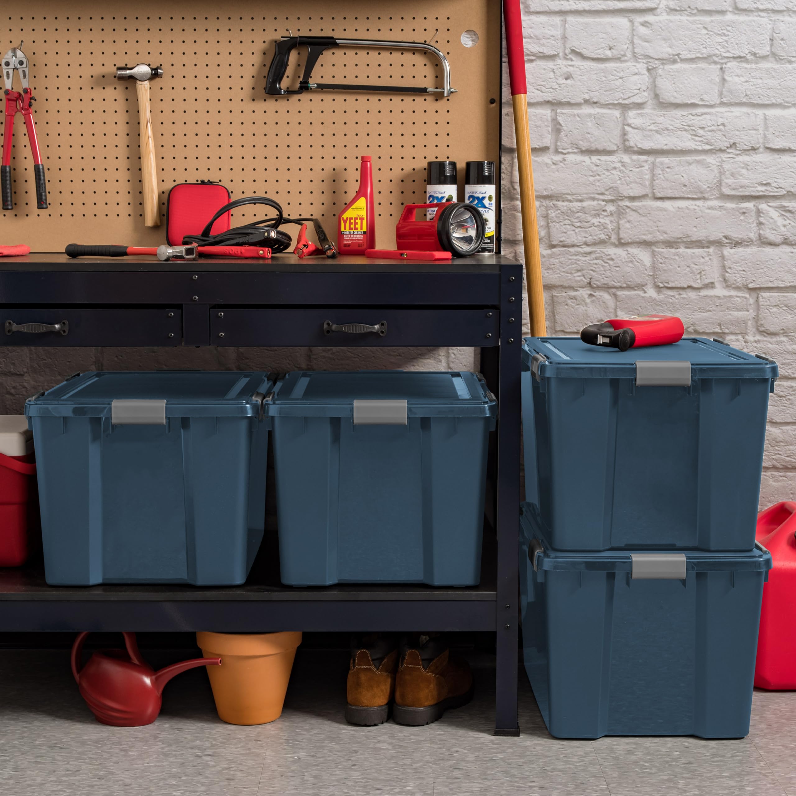 IRIS USA WeatherPro 74 Qt Eco-Friendly Storage Bins with Lids, 4 Pack, BPA-Free Plastic Gasket Box with Tight Latch and Seal, Stackable Nestable Tote Tub - Navy