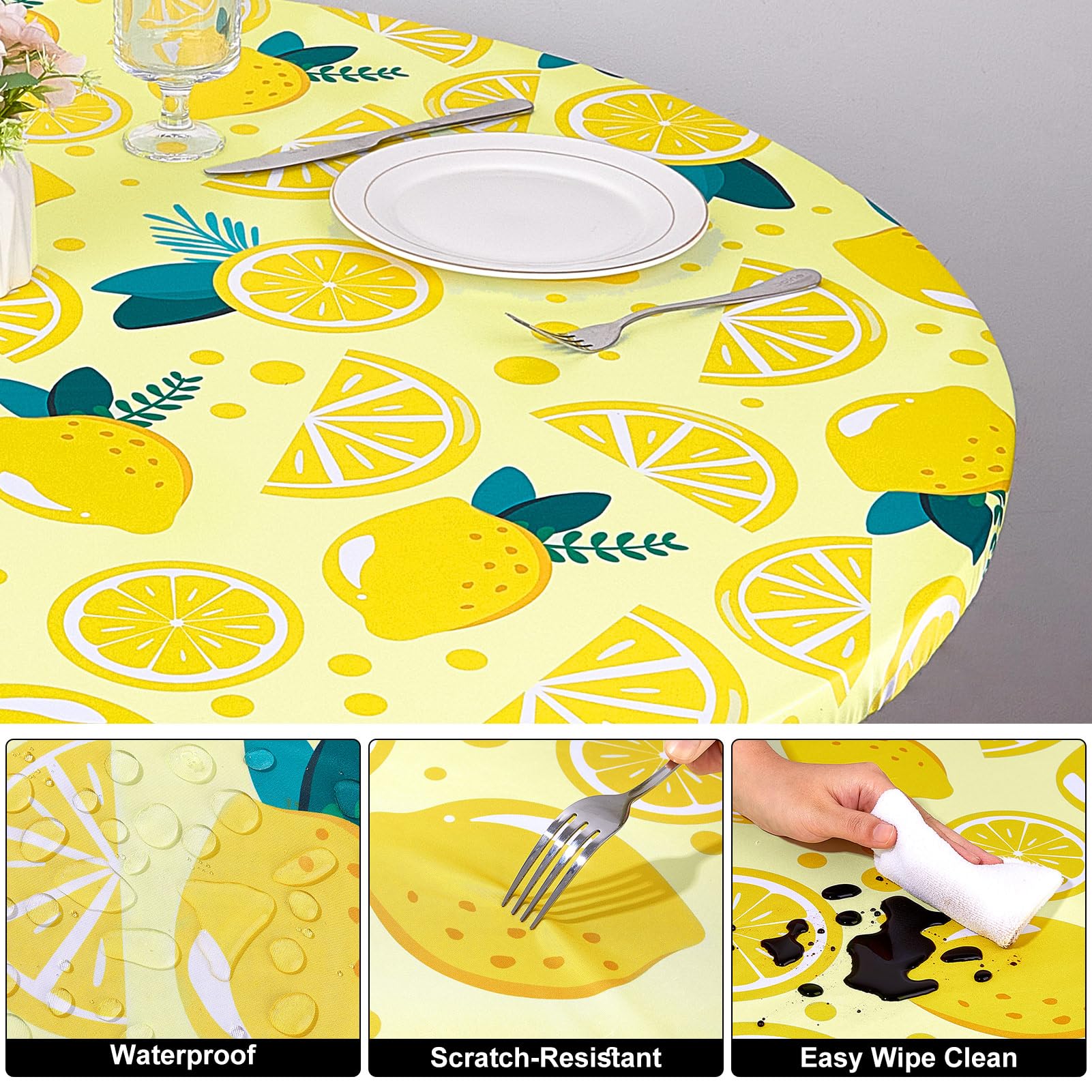 MHJY Round Tablecloth Fitted Elastic Table Cover Waterproof Table Cloth for Dinner, Party, Picnic,Camping, Round Table Cover for Indoor Outdoor,Yellow,S (36"-44")