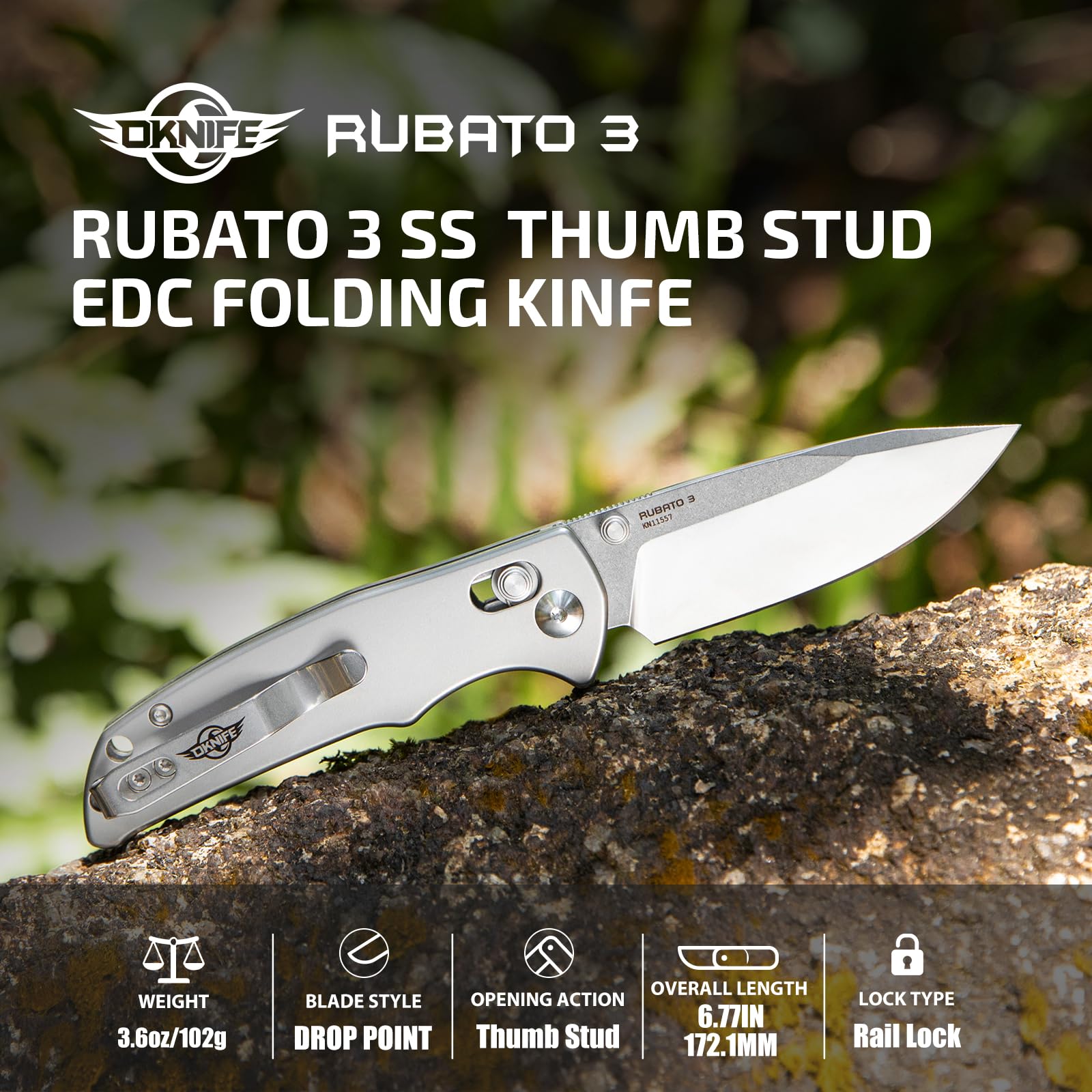 OKNIFE Rubato 3 Stainless Steel Pocket Knife,2.96" Drop Point Blade,Steel Handle with Clip,Thumb Stud,Rail Lock (Silver