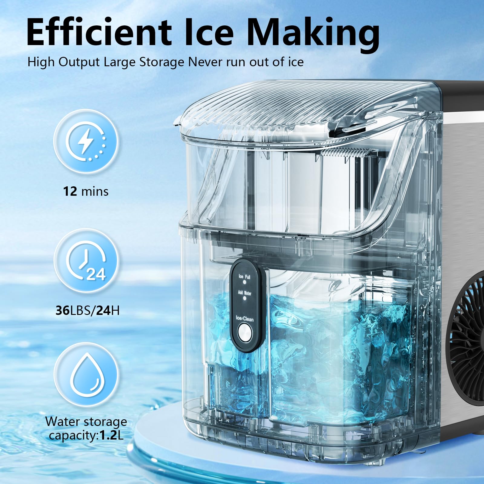 Antarctic Star Nugget Ice Maker with Soft Chewable Pellet Ice, Pebble Portable Countertop Ice Machine, 36Lbs/24H, Automatic Cleaning, Sonic Ice, One-Click Operation, for Kitchen Stainless Steel Silver