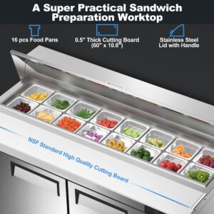 Coolski 60’’ W 2 Door Commercial Refrigerator, Refrigerated Sandwich Salad Prep Table with 16 Pans/Mega Top/Cutting Board, 18 Cu.Ft. Large Capacity Stainless Steel ETL NSF Approved