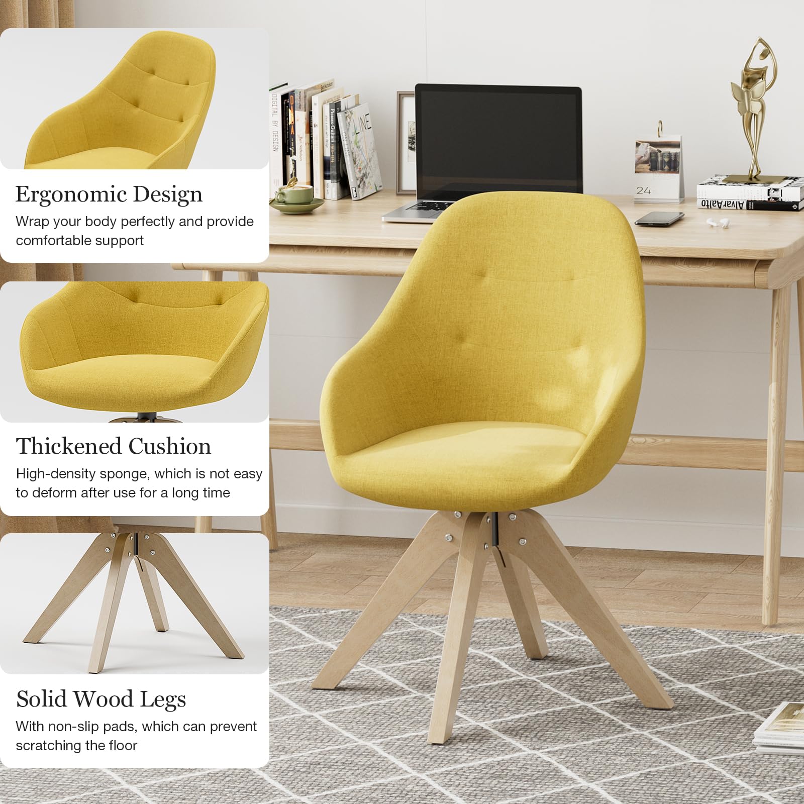 IKIFLY Modern Swivel Accent Chair, Upholstered Armchair Desk Chair No Wheels with Solid Wood Legs, Mid-Century Dining Chair for Dining Living Room Home Office (Yellow)