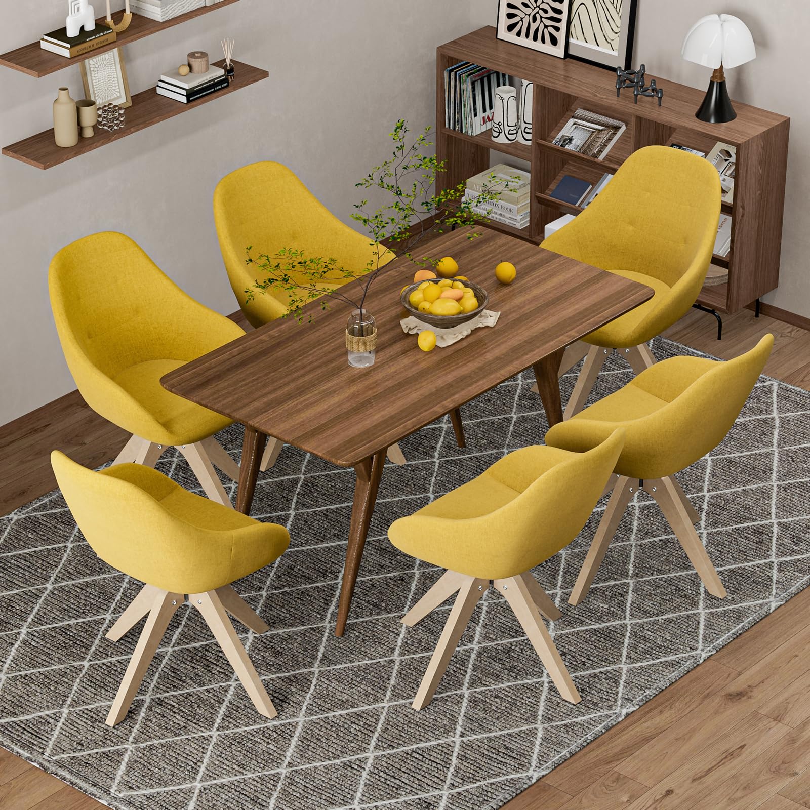 IKIFLY Modern Swivel Accent Chair, Upholstered Armchair Desk Chair No Wheels with Solid Wood Legs, Mid-Century Dining Chair for Dining Living Room Home Office (Yellow)