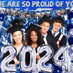 Graduation Decorations Class Of 2024, 231PCS Party Decorations, Graduation Decorations with Backdrop balloons Paper Plate Cup Napkin Cutlery Tablecloth Balloon Garland (Blue and Silver)