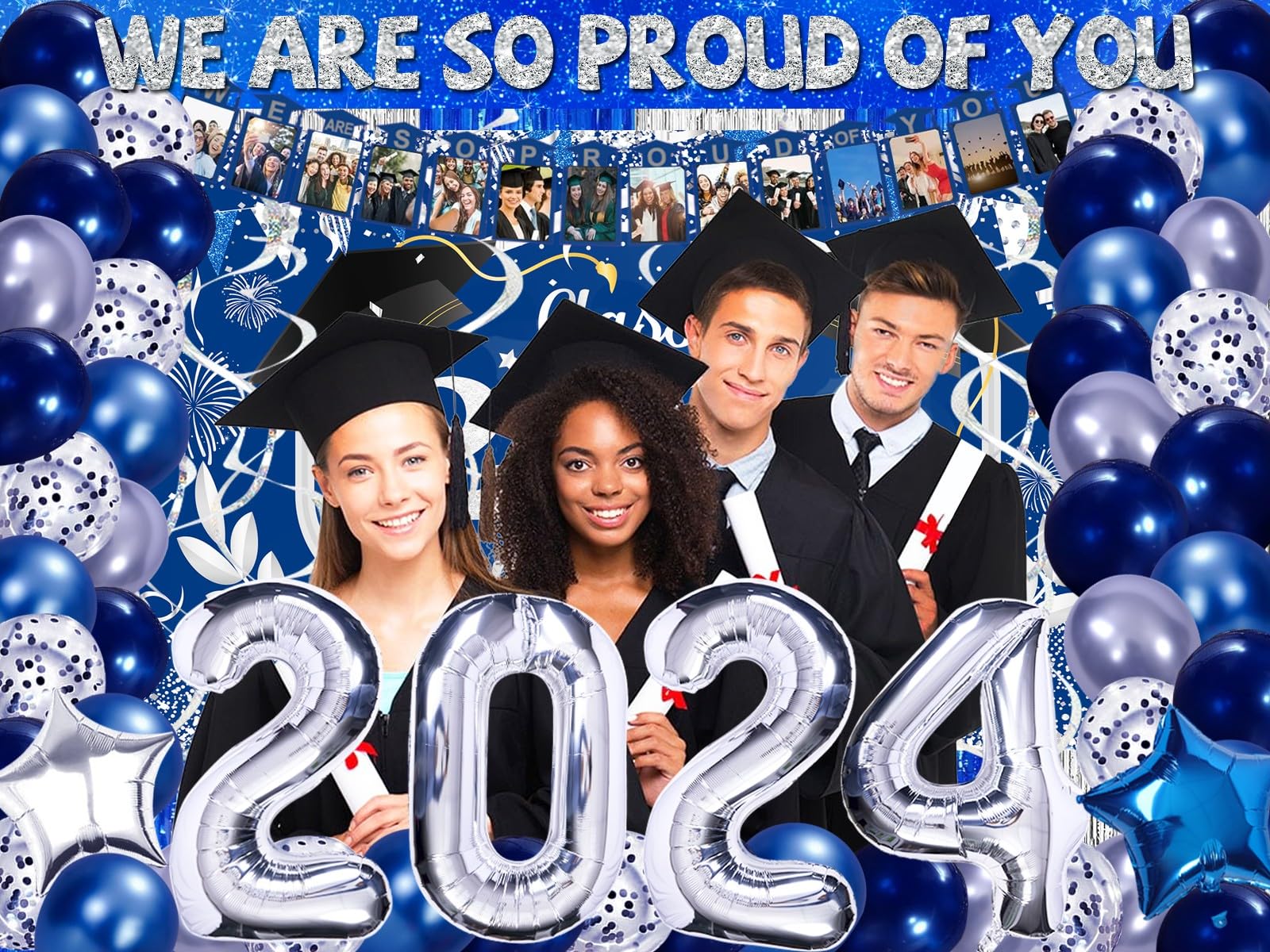 Graduation Decorations Class Of 2024, 231PCS Party Decorations, Graduation Decorations with Backdrop balloons Paper Plate Cup Napkin Cutlery Tablecloth Balloon Garland (Blue and Silver)