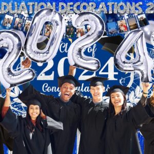 Graduation Decorations Class Of 2024, 231PCS Party Decorations, Graduation Decorations with Backdrop balloons Paper Plate Cup Napkin Cutlery Tablecloth Balloon Garland (Blue and Silver)