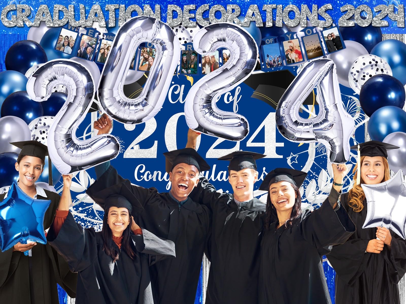 Graduation Decorations Class Of 2024, 231PCS Party Decorations, Graduation Decorations with Backdrop balloons Paper Plate Cup Napkin Cutlery Tablecloth Balloon Garland (Blue and Silver)