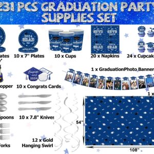 Graduation Decorations Class Of 2024, 231PCS Party Decorations, Graduation Decorations with Backdrop balloons Paper Plate Cup Napkin Cutlery Tablecloth Balloon Garland (Blue and Silver)