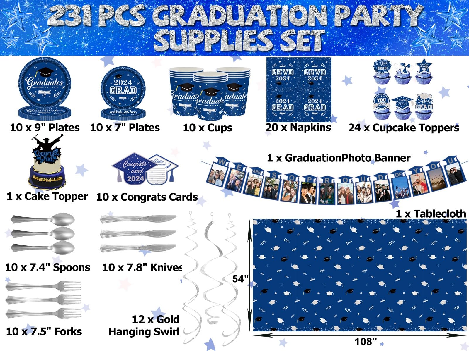 Graduation Decorations Class Of 2024, 231PCS Party Decorations, Graduation Decorations with Backdrop balloons Paper Plate Cup Napkin Cutlery Tablecloth Balloon Garland (Blue and Silver)