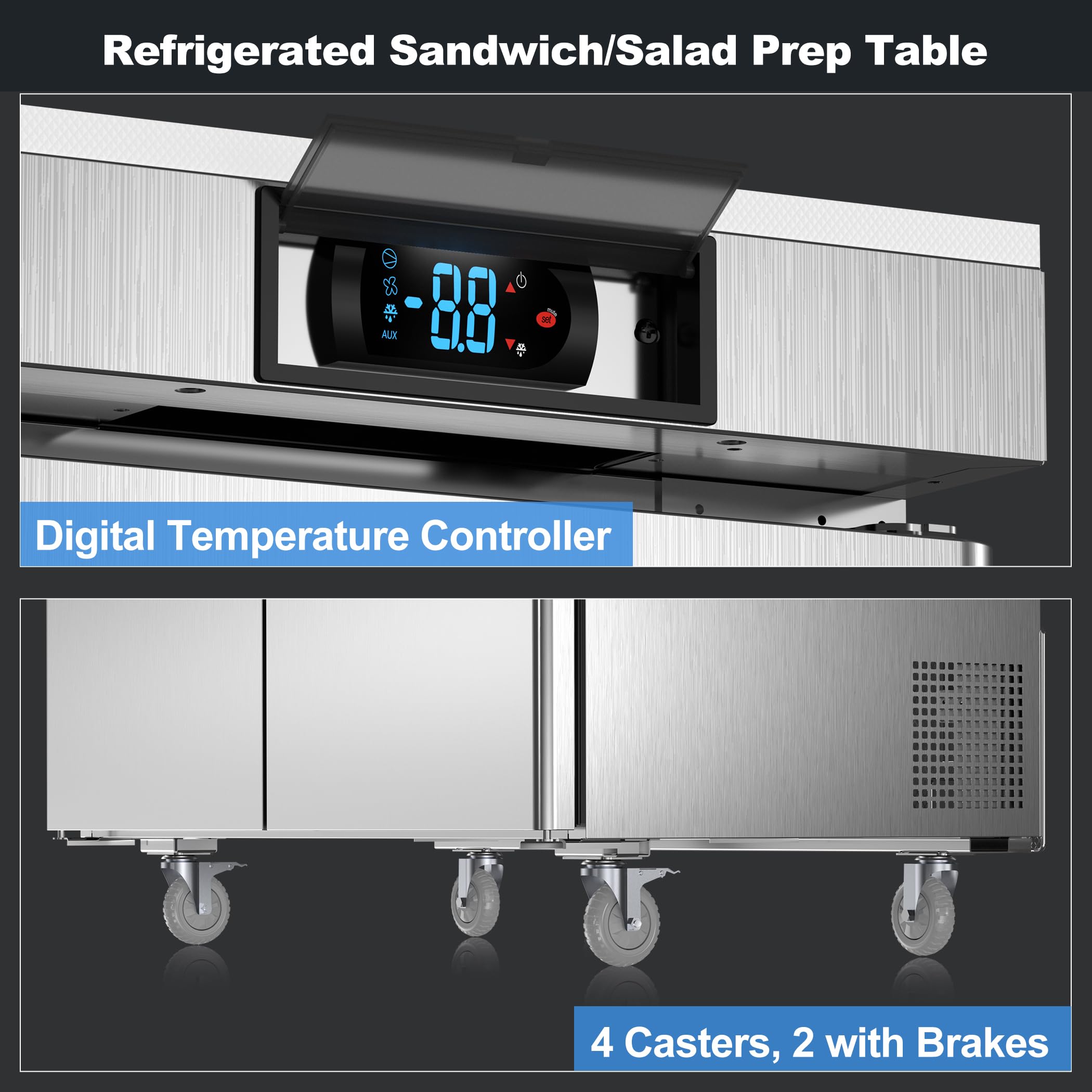 Coolski 60’’ W 2 Door Commercial Refrigerator, Refrigerated Sandwich Salad Prep Table with 16 Pans/Mega Top/Cutting Board, 18 Cu.Ft. Large Capacity Stainless Steel ETL NSF Approved