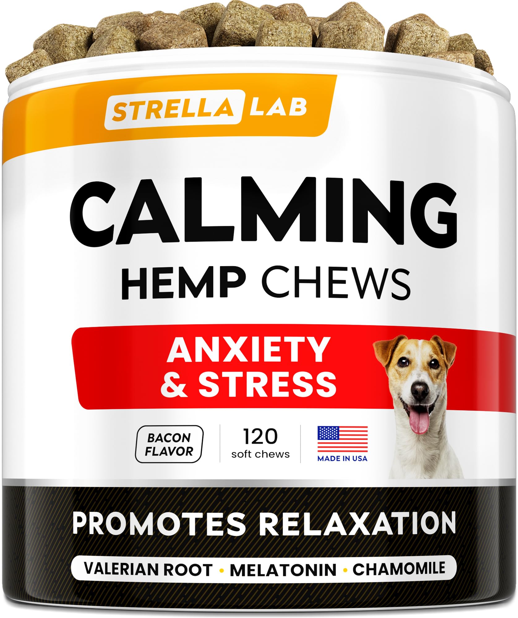 Hemp Calming Chews for Dogs - Advanced Dog Calming Treats - Dog Calming Chews - Anxiety Relief Treats - Separation Aid, Barking, Stress Relief, Thunderstorms - Melatonin - Hemp Oil - 120Ct - Bacon