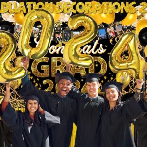 231PCS Graduation Decorations Class Of 2024, 2024 Graduation Party Decorations for High School College With Backdrop balloons Paper Plate Cup Napkin Cutlery Tablecloth Balloon Garland (Black and Gold)