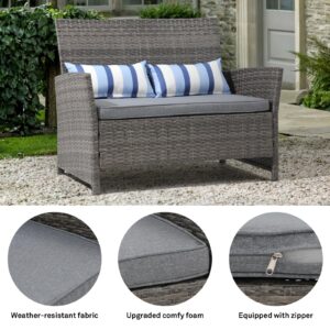 SUNSITT Outdoor Wicker Loveseat with Cushions, 2 Seats Patio PE Rattan Sofa with Lumbar Pillows, Grey Wicker & Grey Cushions, Porch, Backyard, Garden, Pool, Steel Frame