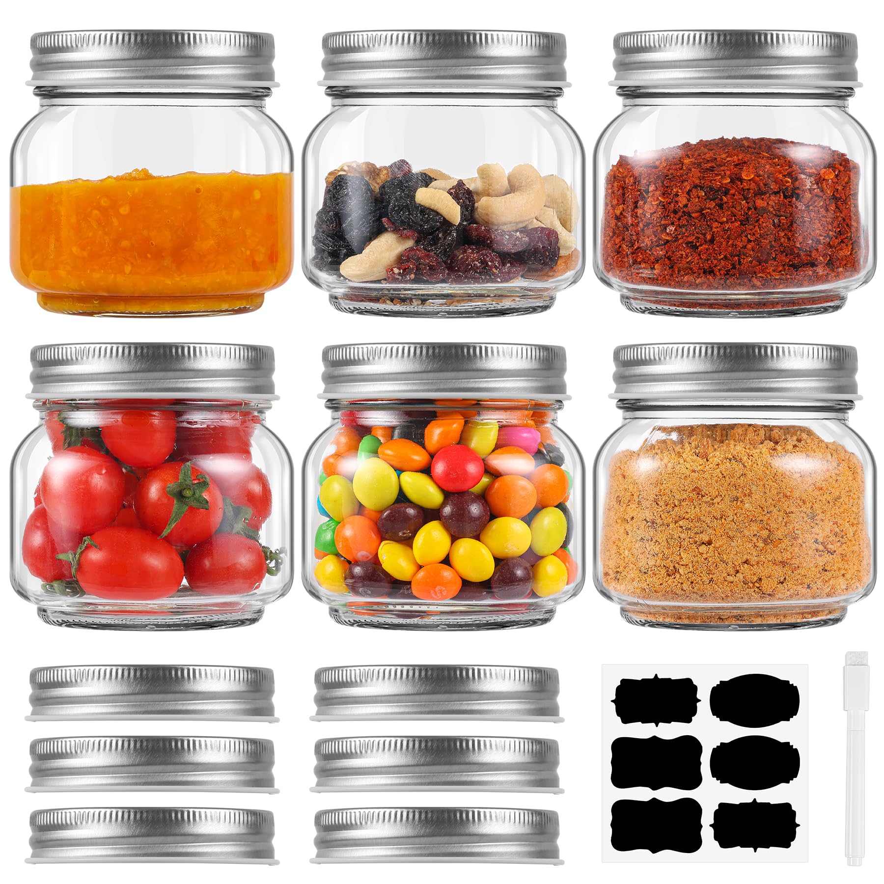 YL-ESH 6 Pack Small Mason Jars with Labels, 8 oz Glass Jars with Airtight Lids, Half Pint Canning Jars for Jelly, Jam, Honey, Pickles, Spice, Overnight Oats, Food Storage, Candle & DIY Present