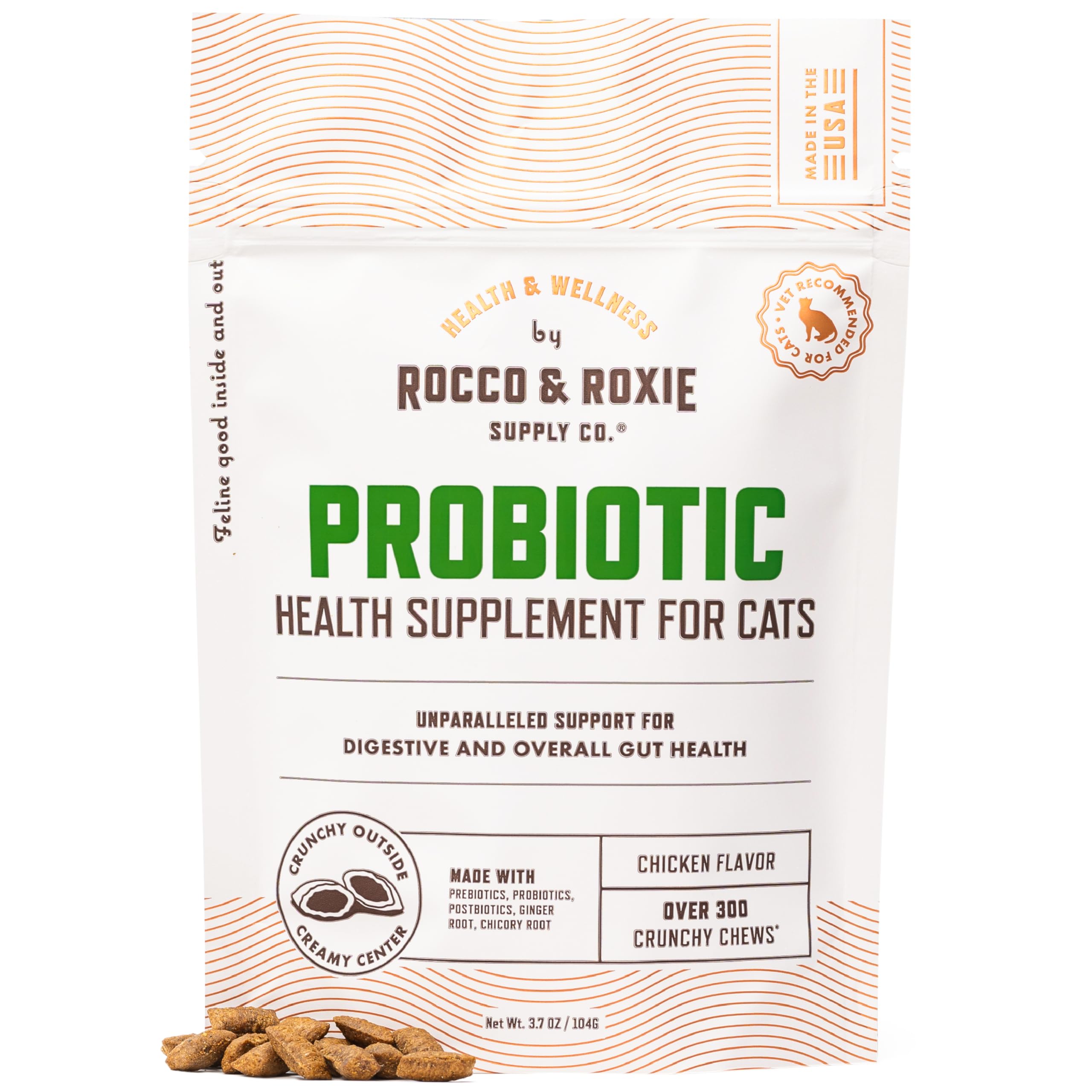 Rocco & Roxie Cat Probiotic Health Supplement for Cats, Prebiotic and Postbiotic for Digestive + Gut Support, Constipation Relief, Anti Diarrhea, Supplements & Vitamins, Chicken Flavored Crunchy Chews