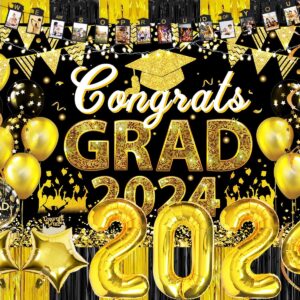 231PCS Graduation Decorations Class Of 2024, 2024 Graduation Party Decorations for High School College With Backdrop balloons Paper Plate Cup Napkin Cutlery Tablecloth Balloon Garland (Black and Gold)