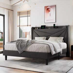 einhomn full size upholstered bed frame with charging station, platform bed frame with storage headboard, solid wood slats support, no box spring needed, dark gray