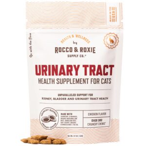 rocco & roxie cat urinary tract health supplement, cranberry and d-mannose for kidney, bladder, and ut support, vet recommended chicken flavored crunchy chews cats love, made in usa