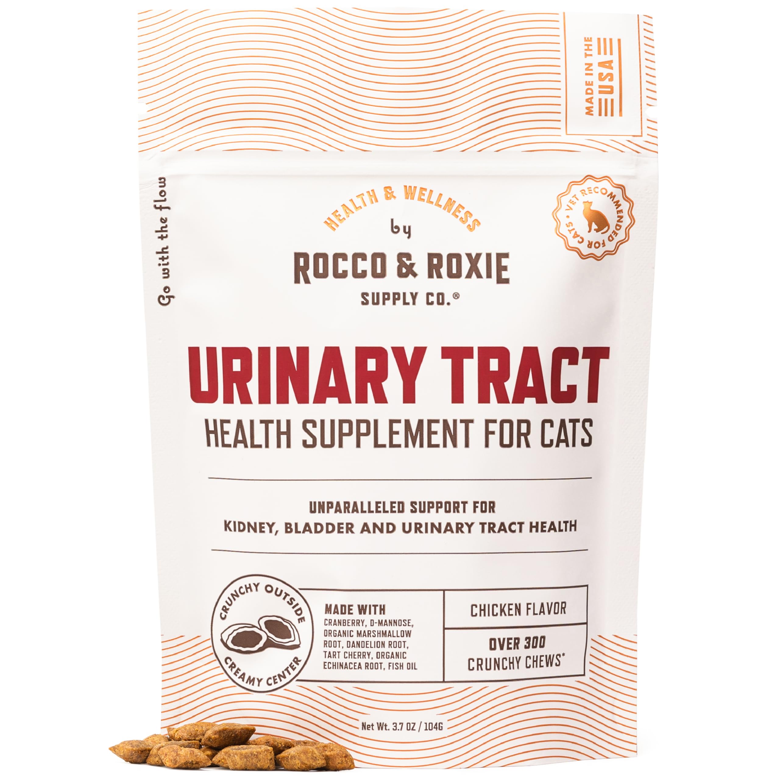 Rocco & Roxie Cat Urinary Tract Health Supplement, Cranberry and D-Mannose for Kidney, Bladder, and UT Support, Vet Recommended Chicken Flavored Crunchy Chews Cats Love, Made in USA