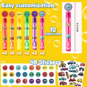 60PCS Car and Truck Party Favors 12PCS DIY Bubble Wands 48PCS Stickers for Goodie Bag Fillers Pinata Stuffers, Mini Bubble Bulk Birthday Party Supplies Gifts Class Prizes Toddlers Boys Girls