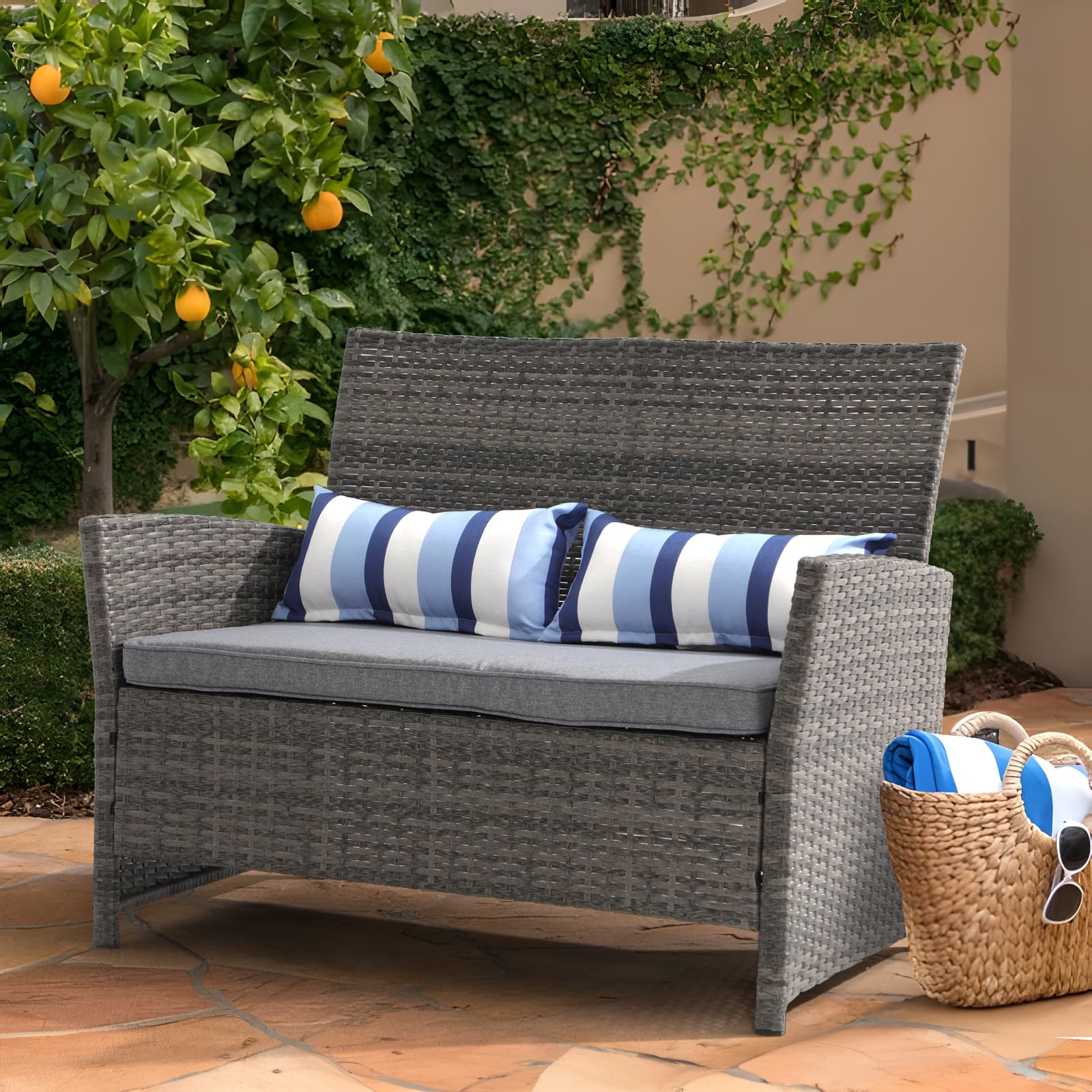 SUNSITT Outdoor Wicker Loveseat with Cushions, 2 Seats Patio PE Rattan Sofa with Lumbar Pillows, Grey Wicker & Grey Cushions, Porch, Backyard, Garden, Pool, Steel Frame