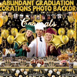 231PCS Graduation Decorations Class Of 2024, 2024 Graduation Party Decorations for High School College With Backdrop balloons Paper Plate Cup Napkin Cutlery Tablecloth Balloon Garland (Black and Gold)