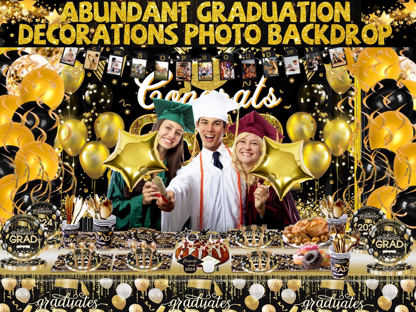 231PCS Graduation Decorations Class Of 2024, 2024 Graduation Party Decorations for High School College With Backdrop balloons Paper Plate Cup Napkin Cutlery Tablecloth Balloon Garland (Black and Gold)