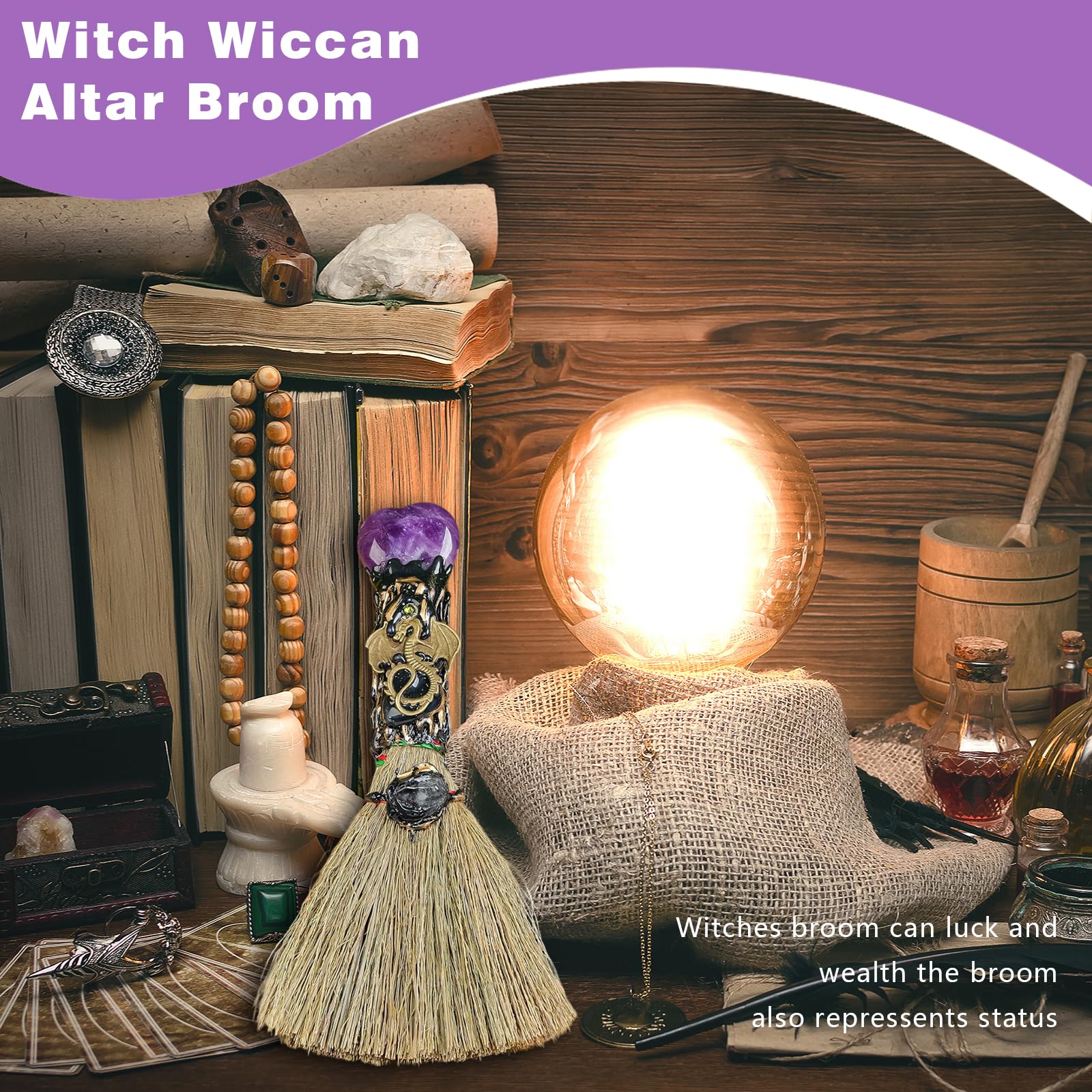 Ykendz Witch Broom Halloween Crystal Witch Wiccan Altar Broom, Magic Broom Witchcraft Witches Pagan Altar Decor, Handmade Ritual Magic Ceremonial (Amethyst)