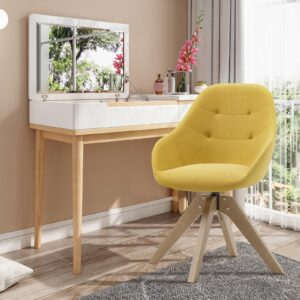 IKIFLY Modern Swivel Accent Chair, Upholstered Armchair Desk Chair No Wheels with Solid Wood Legs, Mid-Century Dining Chair for Dining Living Room Home Office (Yellow)