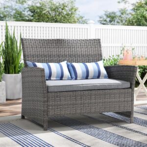 sunsitt outdoor wicker loveseat with cushions, 2 seats patio pe rattan sofa with lumbar pillows, grey wicker & grey cushions, porch, backyard, garden, pool, steel frame