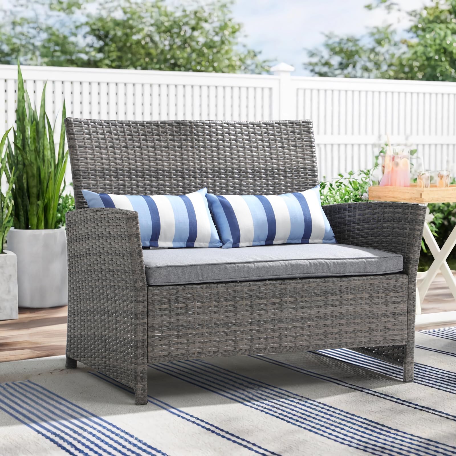 SUNSITT Outdoor Wicker Loveseat with Cushions, 2 Seats Patio PE Rattan Sofa with Lumbar Pillows, Grey Wicker & Grey Cushions, Porch, Backyard, Garden, Pool, Steel Frame