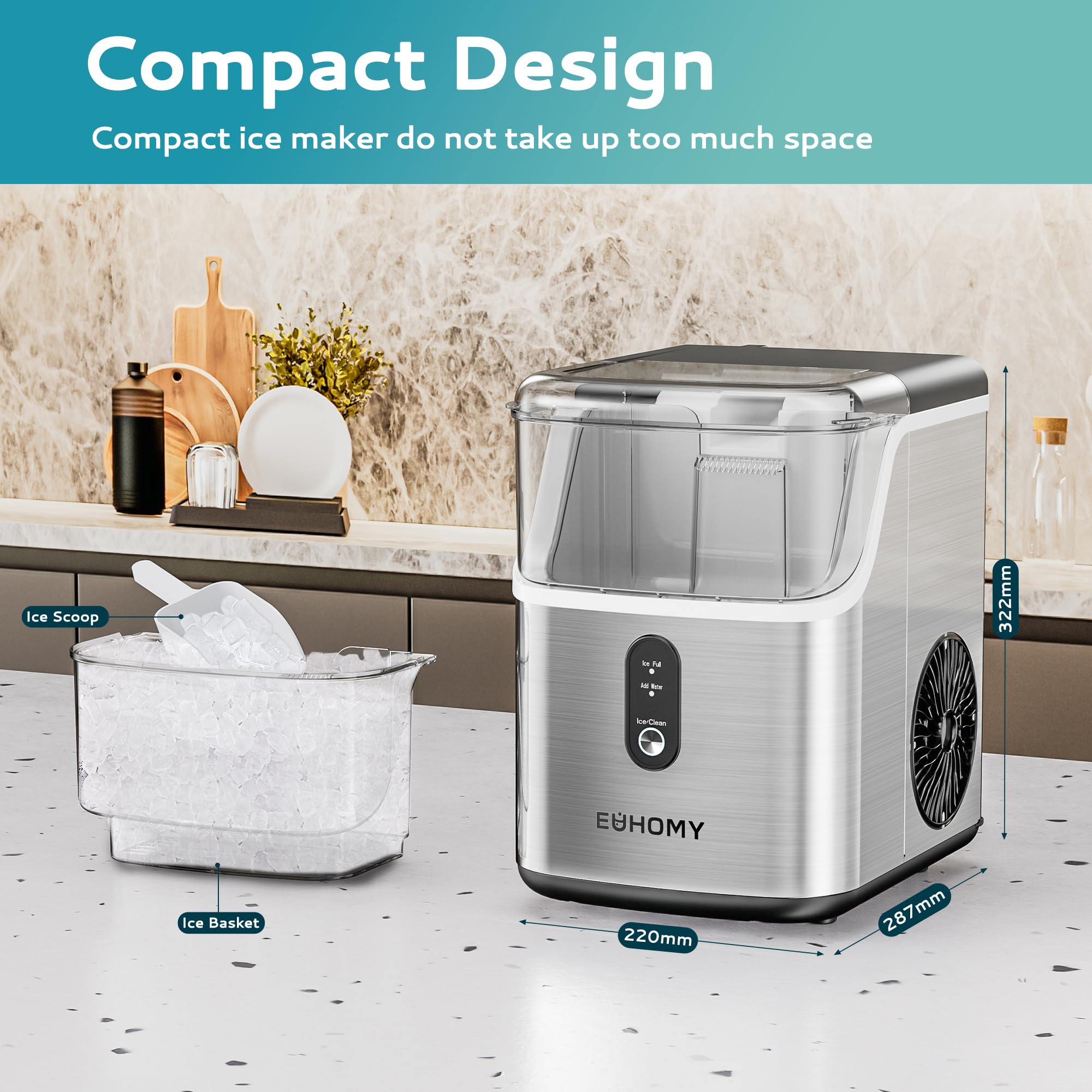 EUHOMY Nugget Ice Makers Countertop, Pebble Ice Maker Machine with 35lbs/24H Soft Ice, Self-Cleaning Sonic Ice Maker with Ice Scoop&Basket, Pellet Ice Maker for Home/Kitchen/Office(Stainless Steels)