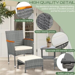 YEEFY Outdoor Patio Furniture Set with Table & Ottoman 5 Piece Patio Conversation Sets Wicker Patio Set for 2 Outdoor Furniture Sets for Yard Backyard Lawn Porch Poolside Balcony, Grey