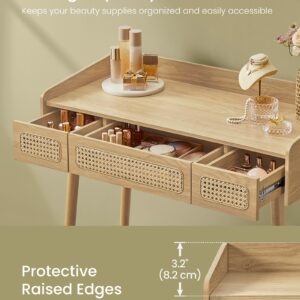 SONGMICS HOME BOHOVEN Collection - Vanity Desk with Mirror and Lights, Makeup Vanity with 3 Rattan-Like Drawers, Touch Control Light with 3 Color Hues, Dimmable, Boho Style, for Bedroom, Oak Beige