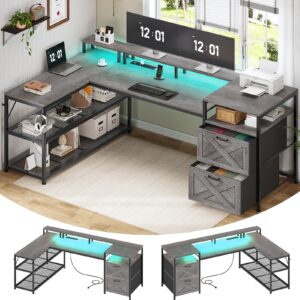 sedeta 67" l shaped desk with drawers, computer office desk with storage shelves & power outlet, reversible gaming desk with led lights for home office, grey