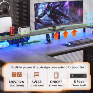 SEDETA 67" L Shaped Desk with Drawers, Computer Office Desk with Storage Shelves & Power Outlet, Reversible Gaming Desk with LED Lights for Home Office, Grey