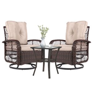 aoxun 3 pieces outdoor swivel rocker chair set of 2 with side table wicker rattan patio furniture set outdoor rocking chair set for backyard, balcony, deck (3 piece, beige)