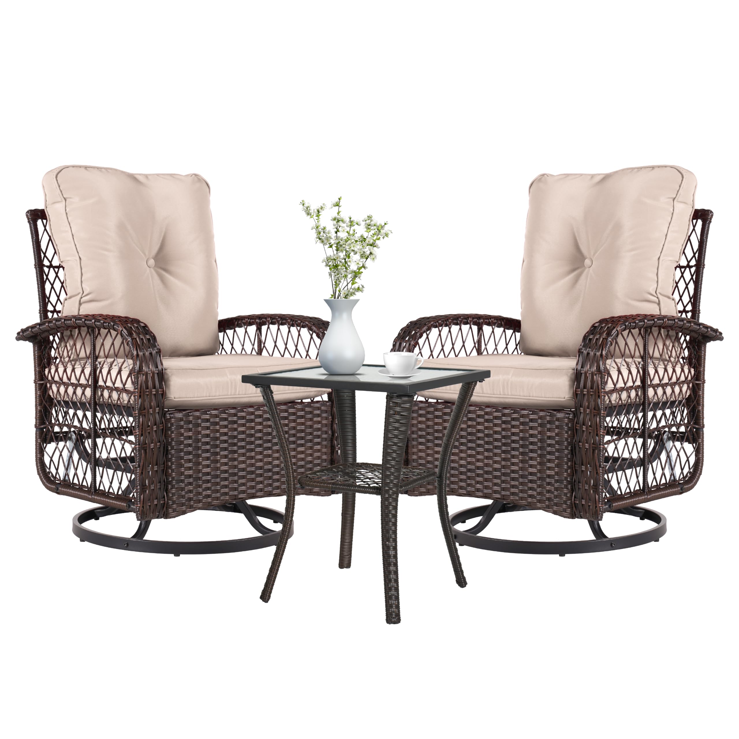 Aoxun 3 Pieces Outdoor Swivel Rocker Chair Set of 2 with Side Table Wicker Rattan Patio Furniture Set Outdoor Rocking Chair Set for Backyard, Balcony, Deck (3 Piece, Beige)