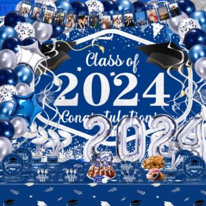 graduation decorations class of 2024, 231pcs party decorations, graduation decorations with backdrop balloons paper plate cup napkin cutlery tablecloth balloon garland (blue and silver)