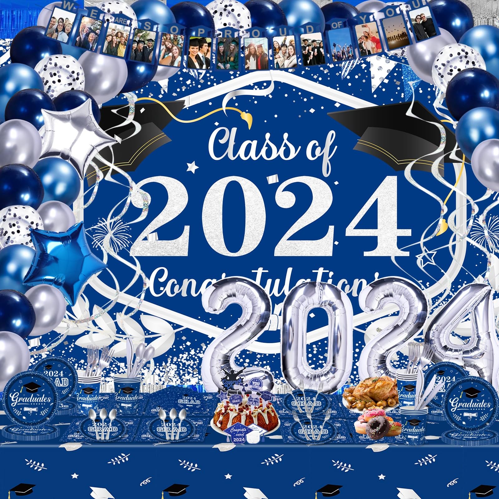 Graduation Decorations Class Of 2024, 231PCS Party Decorations, Graduation Decorations with Backdrop balloons Paper Plate Cup Napkin Cutlery Tablecloth Balloon Garland (Blue and Silver)