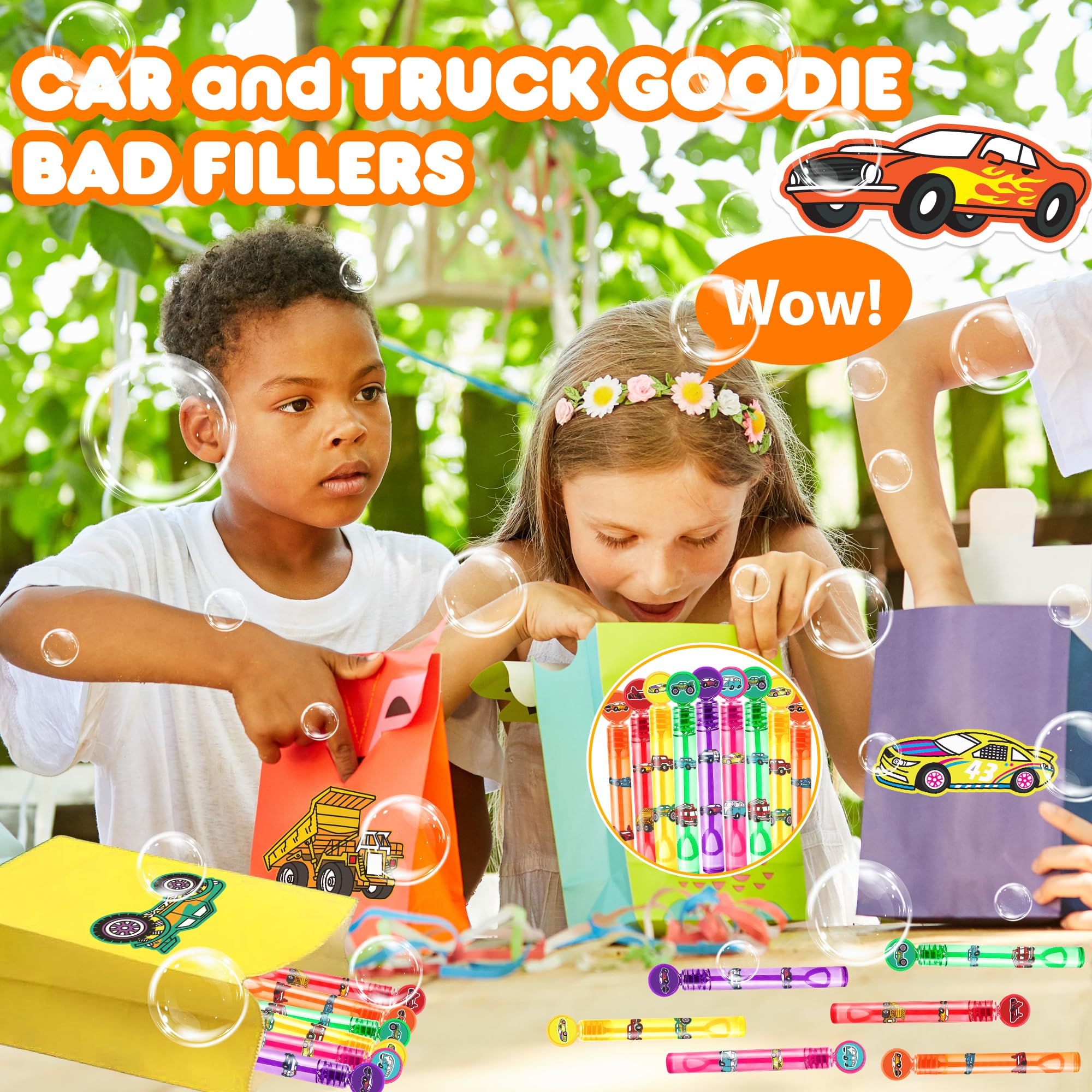 60PCS Car and Truck Party Favors 12PCS DIY Bubble Wands 48PCS Stickers for Goodie Bag Fillers Pinata Stuffers, Mini Bubble Bulk Birthday Party Supplies Gifts Class Prizes Toddlers Boys Girls